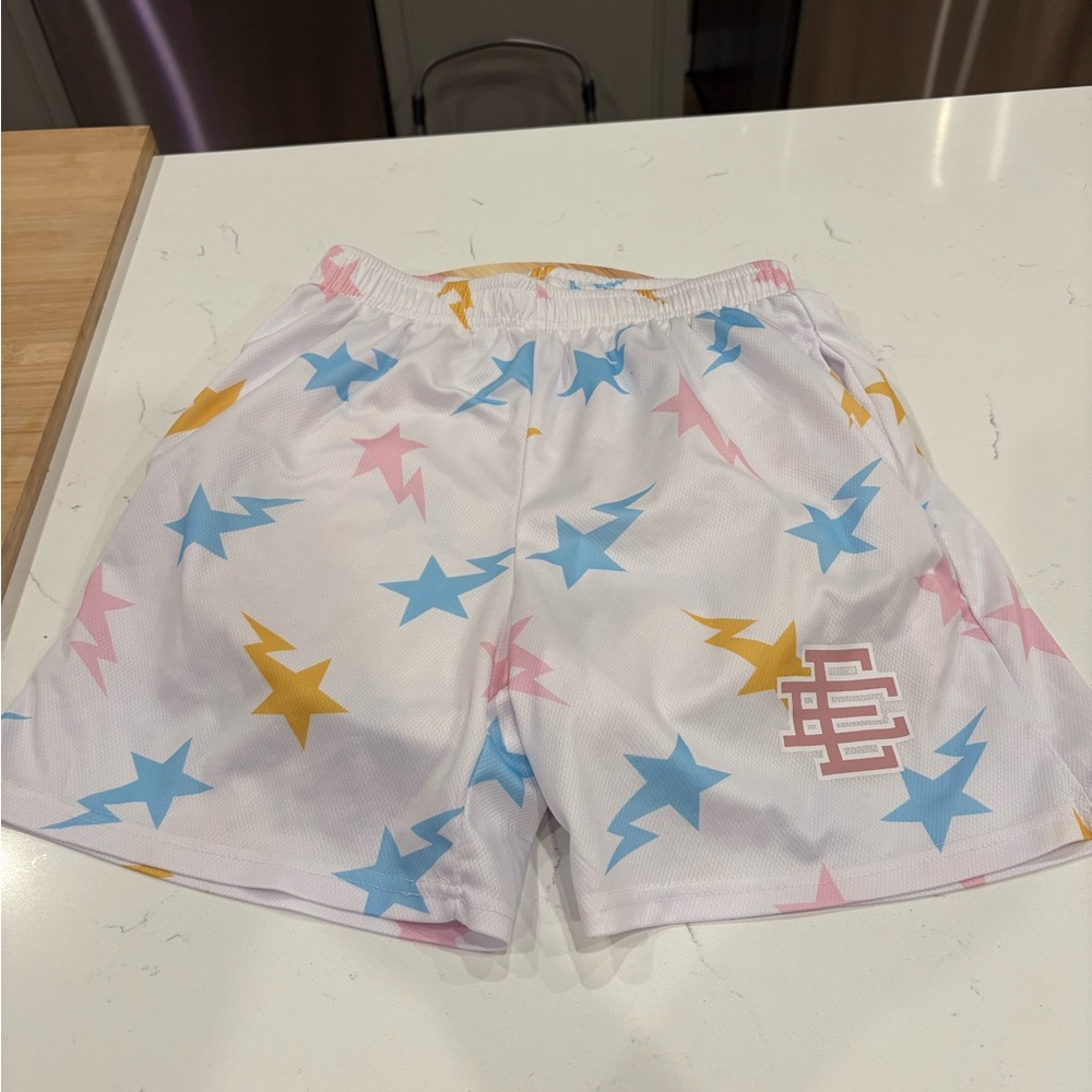 Eric Emanuel White Shorts with Blue, Pink, and Yellow Stars